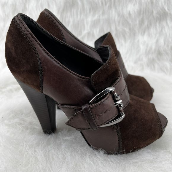 Kurt Geiger Sz 36 US 5.5 Brown Leather Suede Peep Toe 4.5” Stacked Heel Pump - Picture 1 of 16